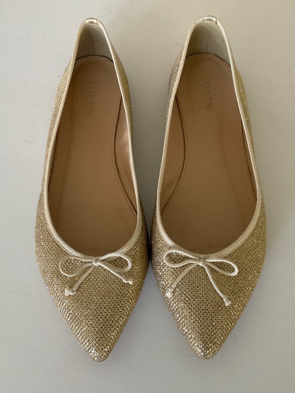 J. CREW Leather Ballet Flats Bow in Gold Glitter Size 9